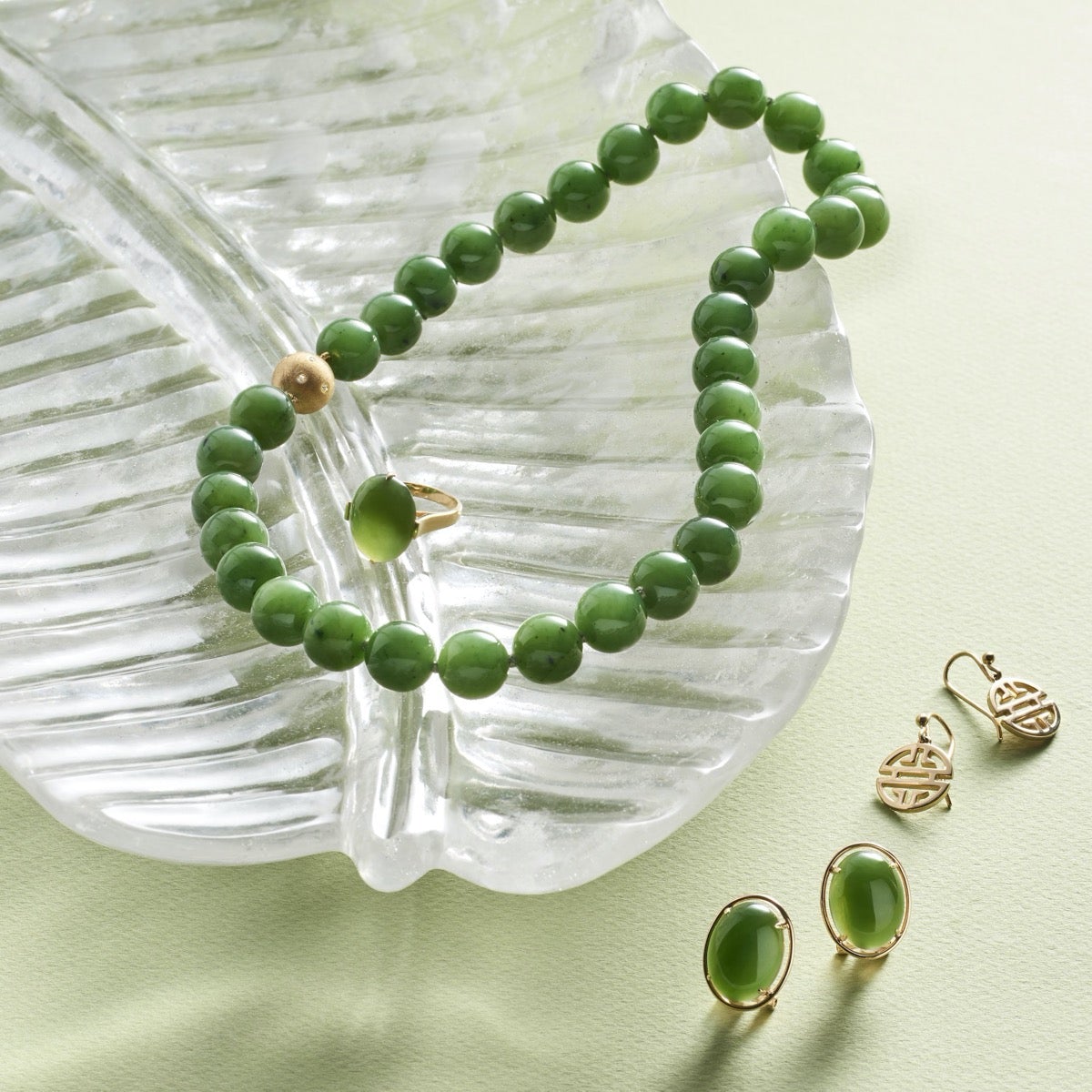 12mm Green Nephrite Jade & Gold Necklace