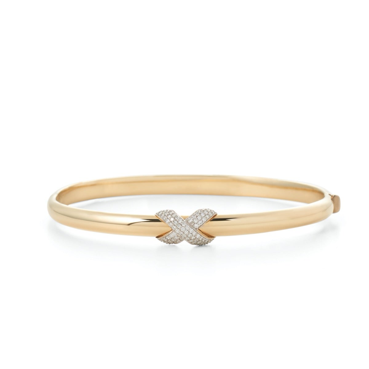 Diamond Crossed Gold Hinged Bangle