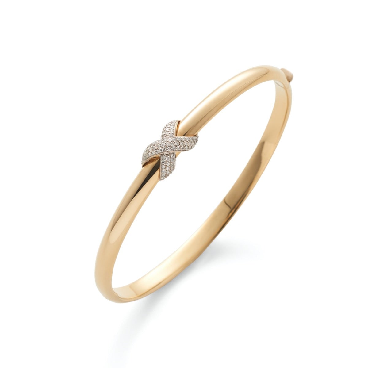 Diamond Crossed Gold Hinged Bangle