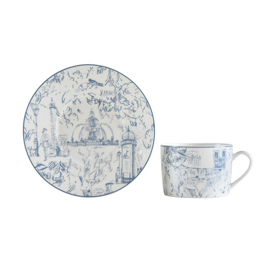 Tout Paris Teacups & Saucers, Set of 2 Blue