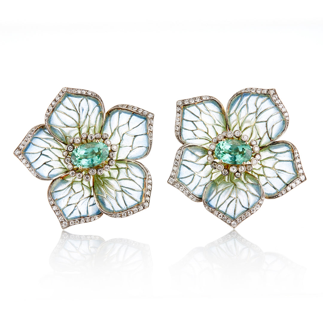 Cicada Plique-à-Jour Tourmaline Floral Earrings
