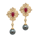 Ruby, Diamond & Tahitian Pearl Drop Earrings