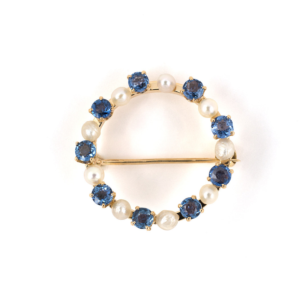 Estate Victorian Pearl & Montana Sapphire Circle Pin