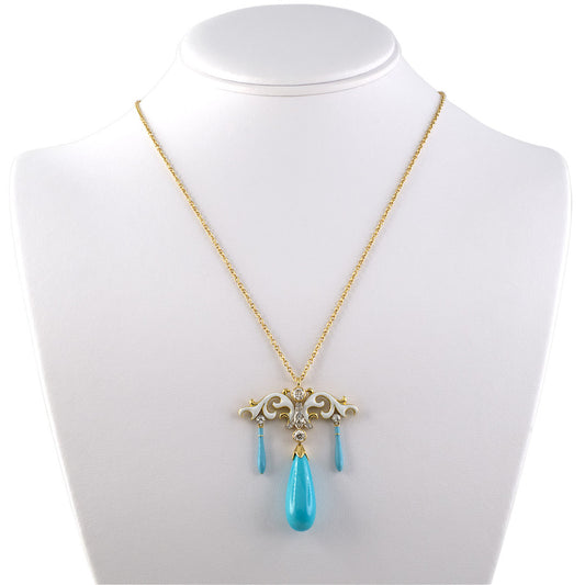 Diamond, Turquoise & Enamel Drop Dangle Pendant Necklace