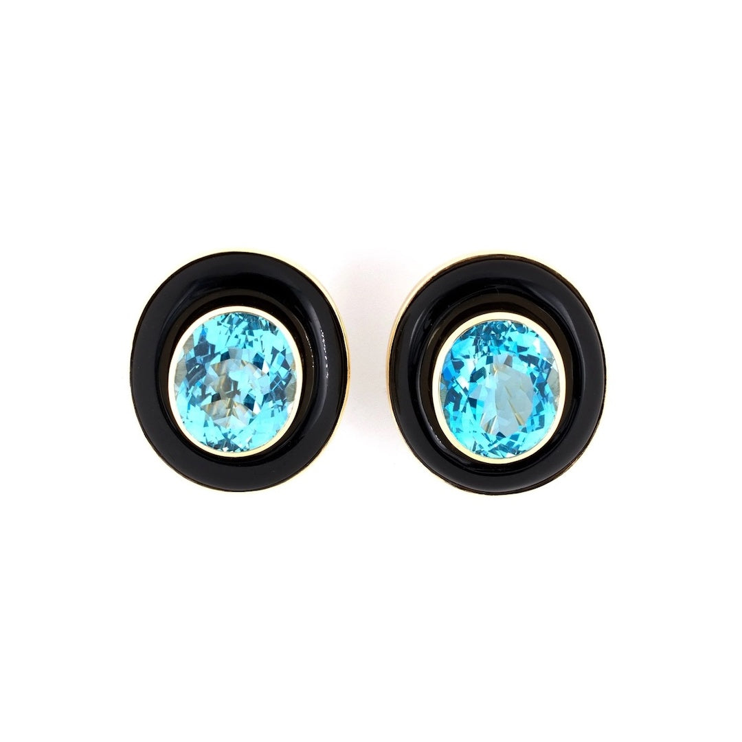 Estate Blue Topaz & Onyx Oval Earrings