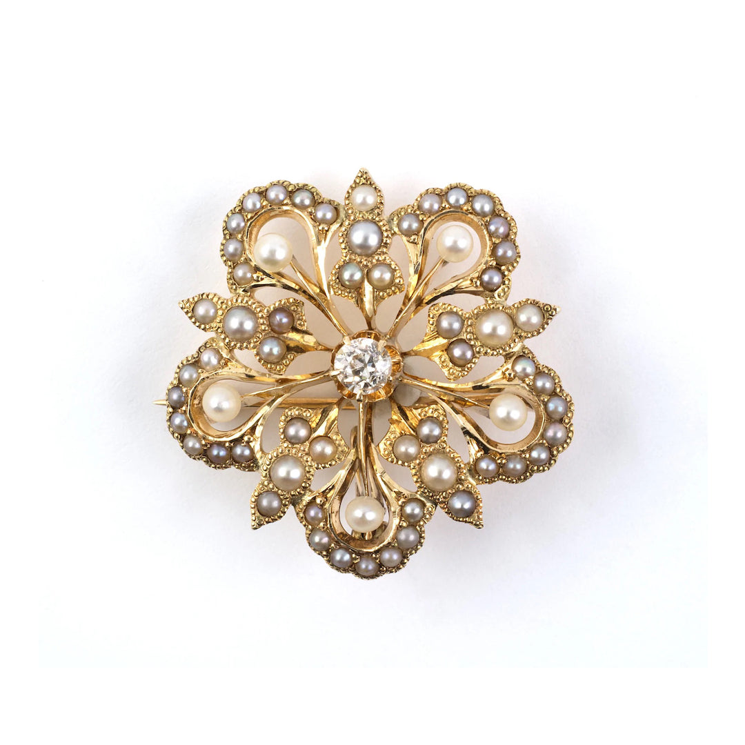 Estate Victorian Pearl & Diamond Floral Starburst Pin-Pendant