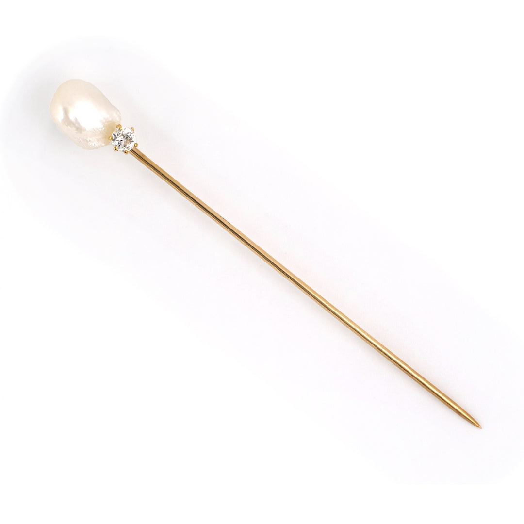 Estate Victorian Baroque Pearl & Diamond Stick Pin