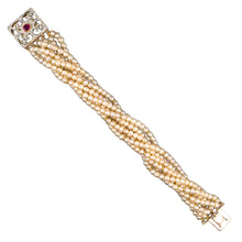 Estate Victorian 8-Strand Pearl Torsade Bracelet with Ruby & Diamond Clasp