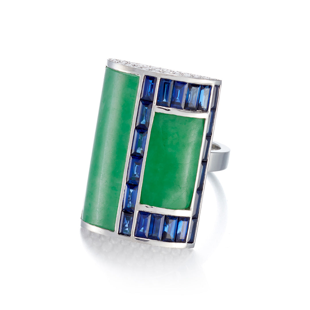 Green Jade, Sapphire & Diamond Ring