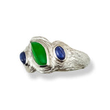 Green Jade & Sapphire Textured White Gold Ring
