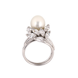 Estate Pearl & Diamond Platinum Leaf Ring