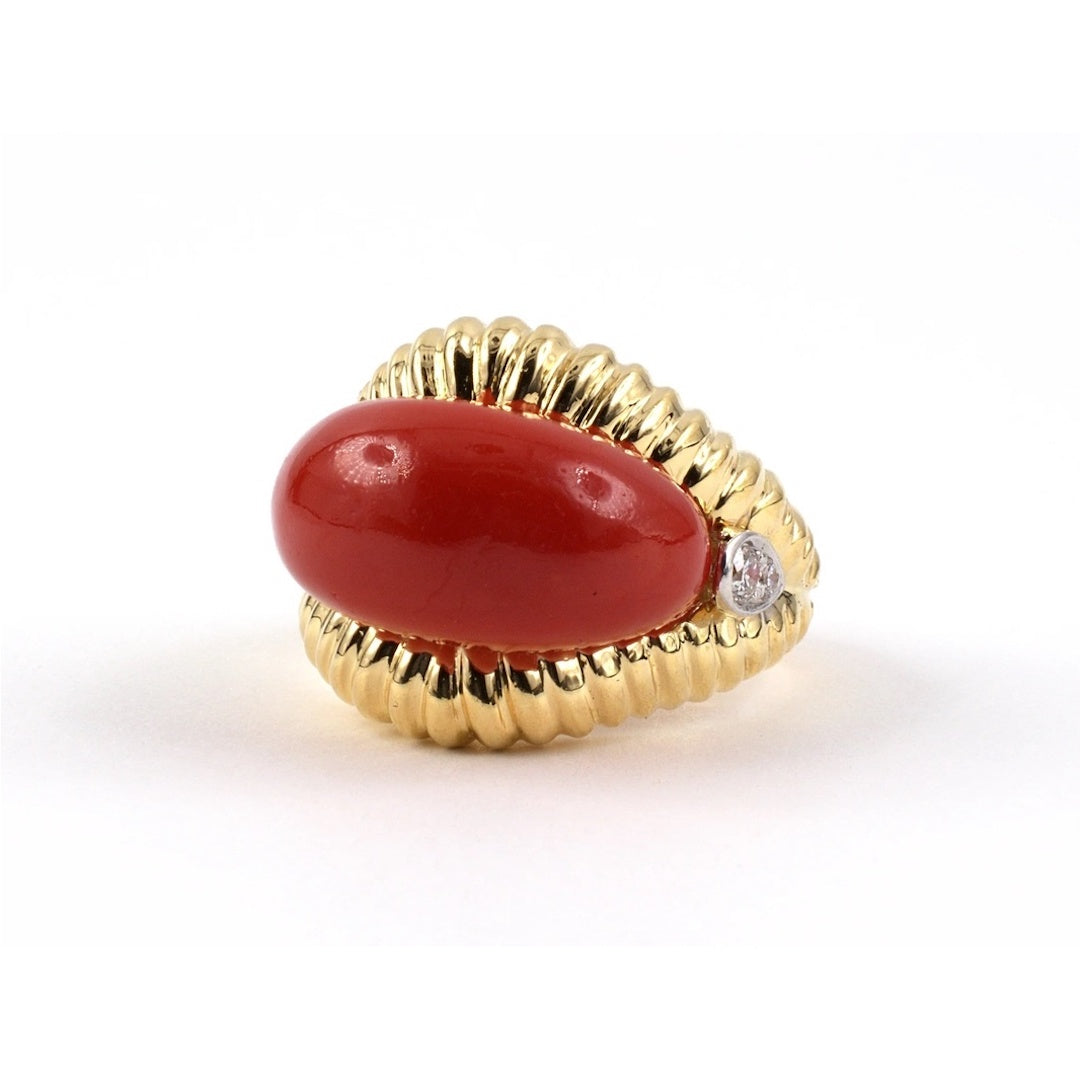 Estate Coral & Diamond Corrugated Saddle Ring