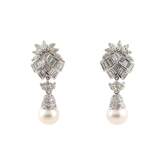 Estate Diamond Spray & Pearl Drop Dangle Earrings