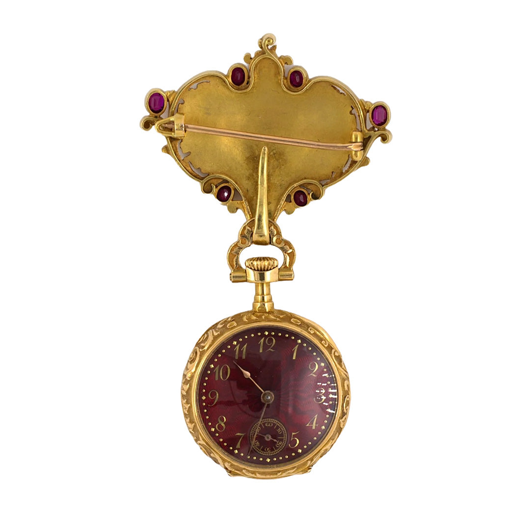 Art Nouveau Ruby & Enamel Floral Watch Chatelaine Pin