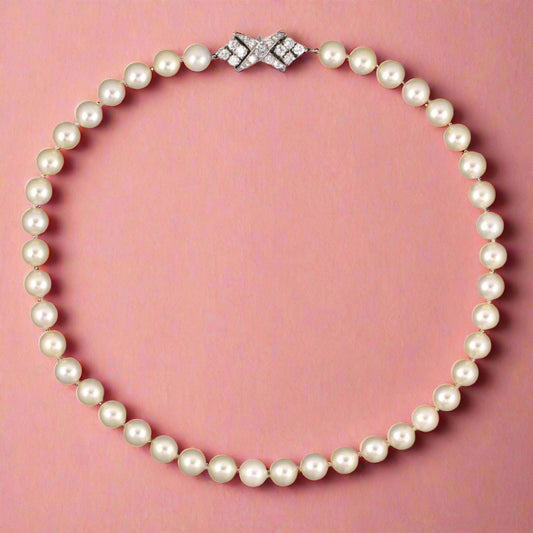 1970s White Akoya Pearl & Diamond Necklace