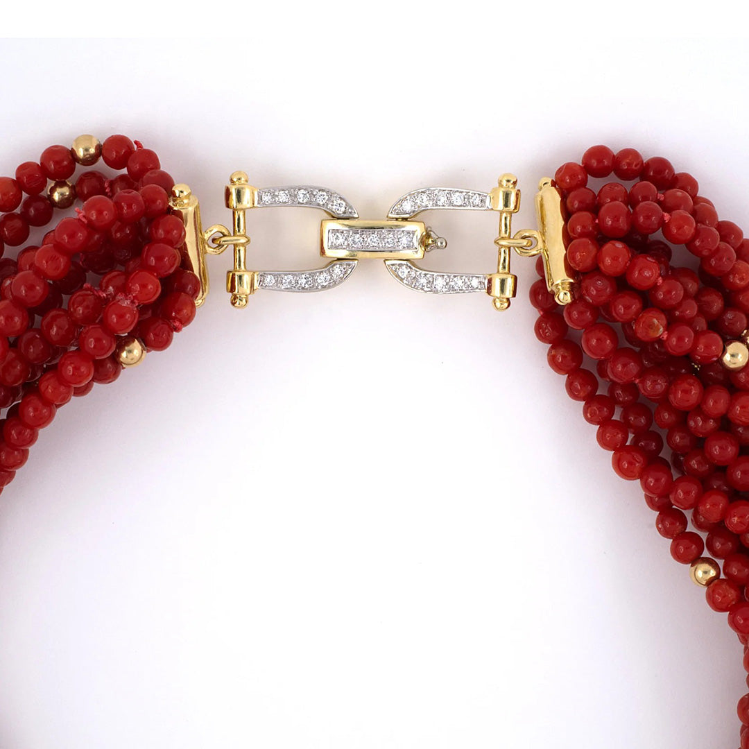 12-Strand Coral Torsade Necklace with Diamond Buckle Clasp