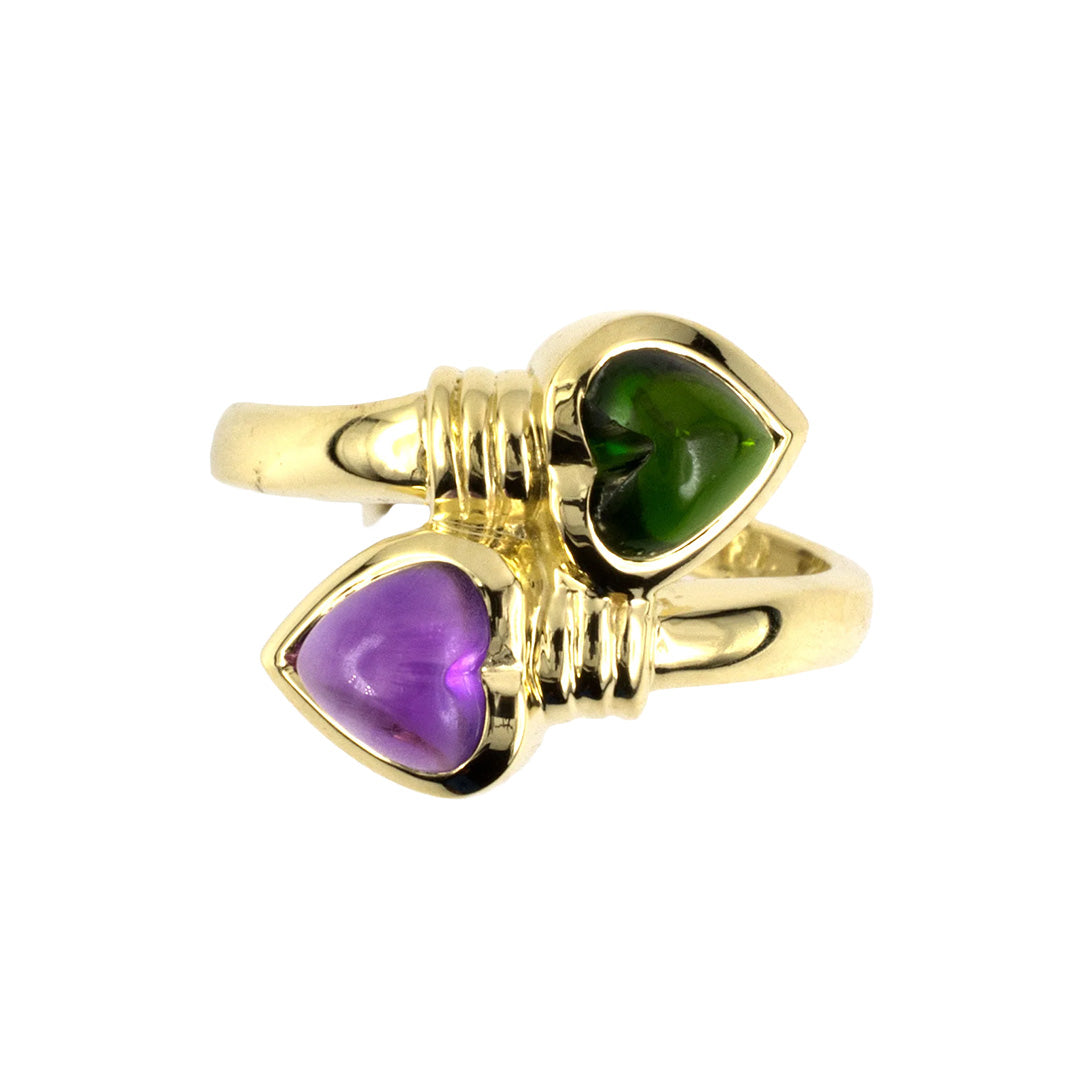 Green Tourmaline & Amethyst Heart Bypass Ring