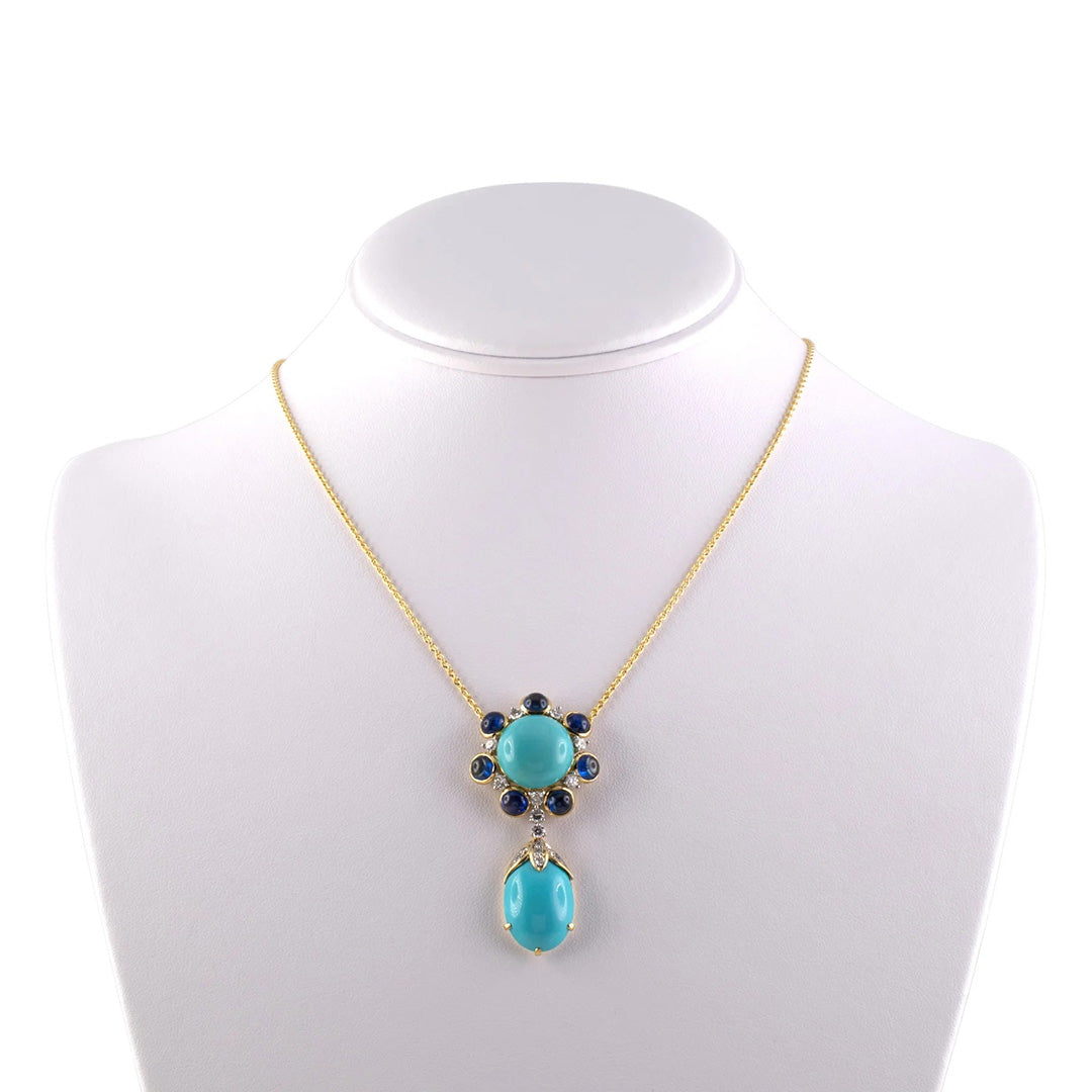 Turquoise, Sapphire & Diamond Cluster Pendant Necklace