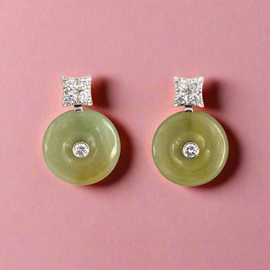 Diamond & Green Jadeite Pi Disc Drop Earrings