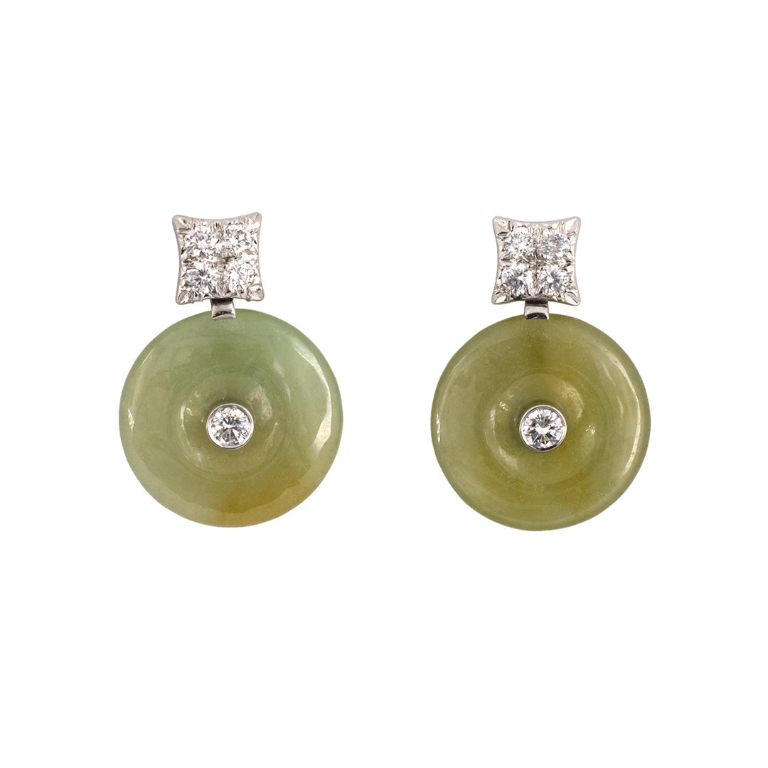 Estate Diamond & Green Jadeite Pi Disc Drop Earrings