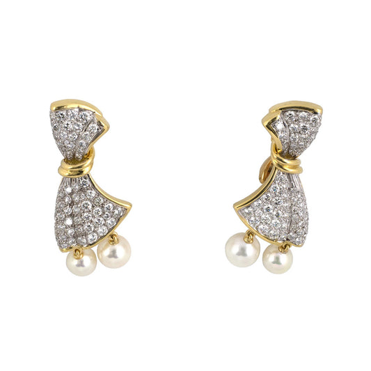 Estate Diamond & Pearl Bow Drop Earrings