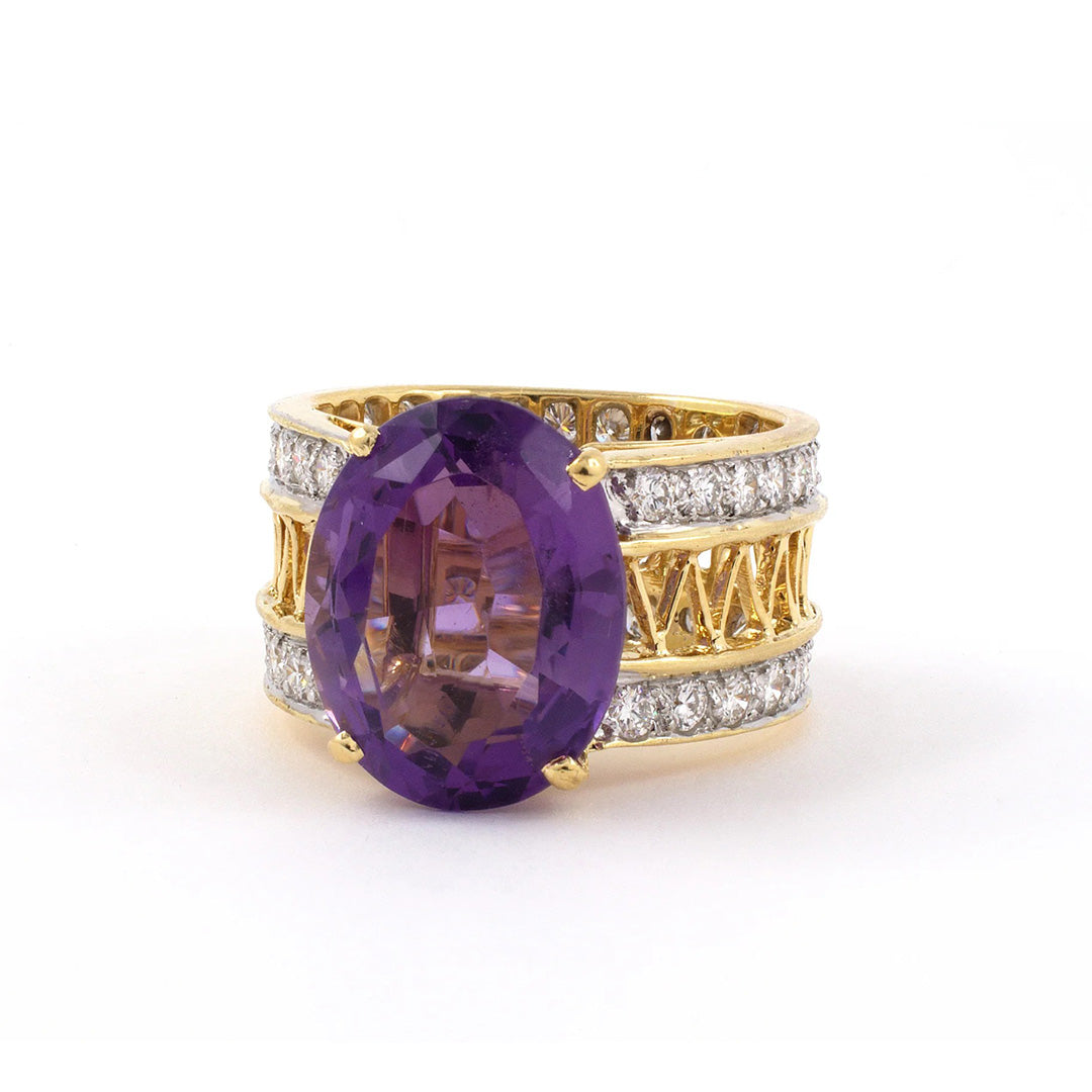 Estate Amethyst Oval & Diamond Openwork Dinner Ring