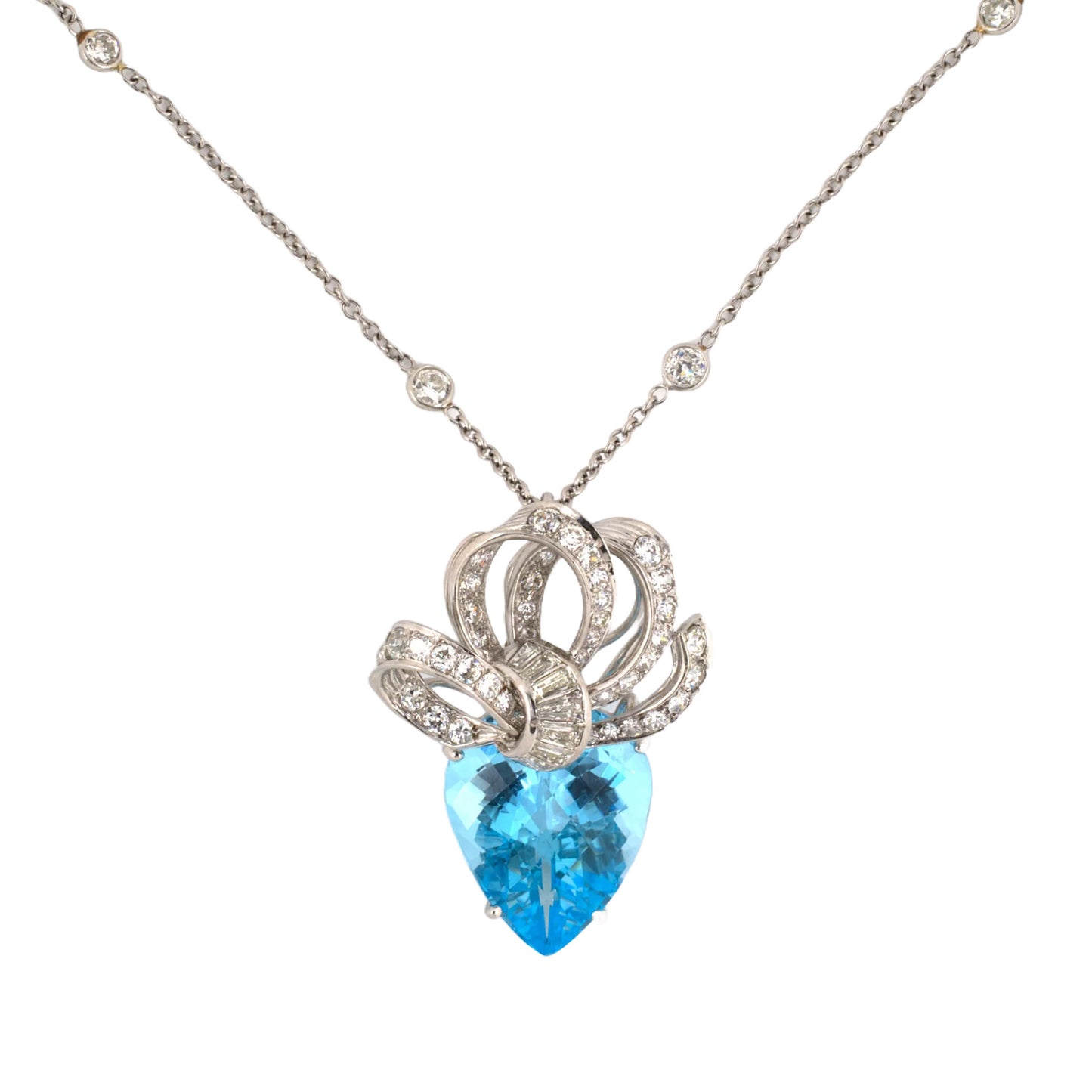 Estate Blue Topaz & Diamond Ribbon Bow Pendant Necklace