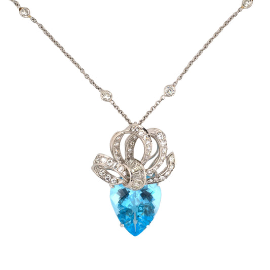 Estate Blue Topaz & Diamond Ribbon Bow Pendant Necklace