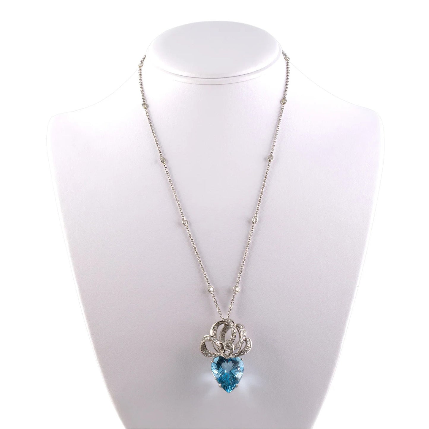 Blue Topaz & Diamond Ribbon Bow Pendant Necklace