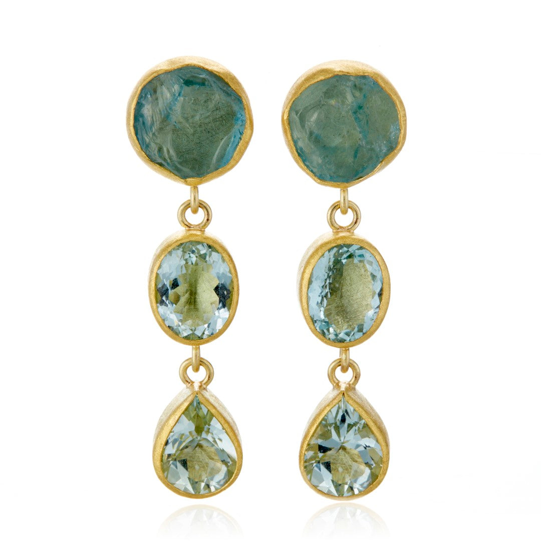 Petra Class Rough Aquamarine Triple Station Earrings