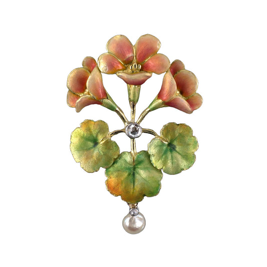 Estate Art Nouveau Diamond, Pearl & Enamel Floral Pin