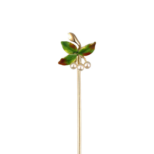 Estate Victorian Pearl & Enamel Leaf Stick Pin