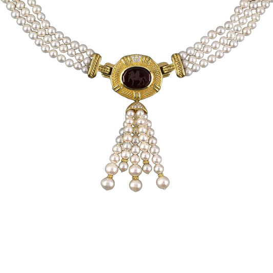 Estate Judith Ripka Garnet Intaglio 3-Strand Pearl Necklace