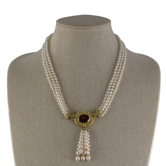 Judith Ripka Garnet Intaglio 3-Strand Pearl Necklace