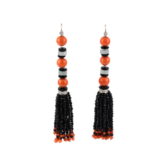 Estate Coral, Jadeite & Onyx Tassel Earrings