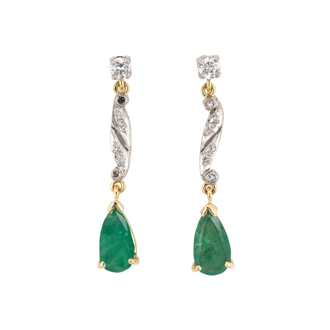 Estate Diamond & Emerald Dangle Drop Earrings