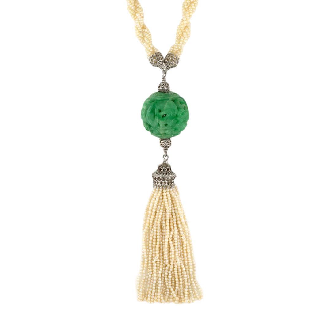 Estate Jadeite Dragon Ball & Pearl Tassel Pendant Necklace