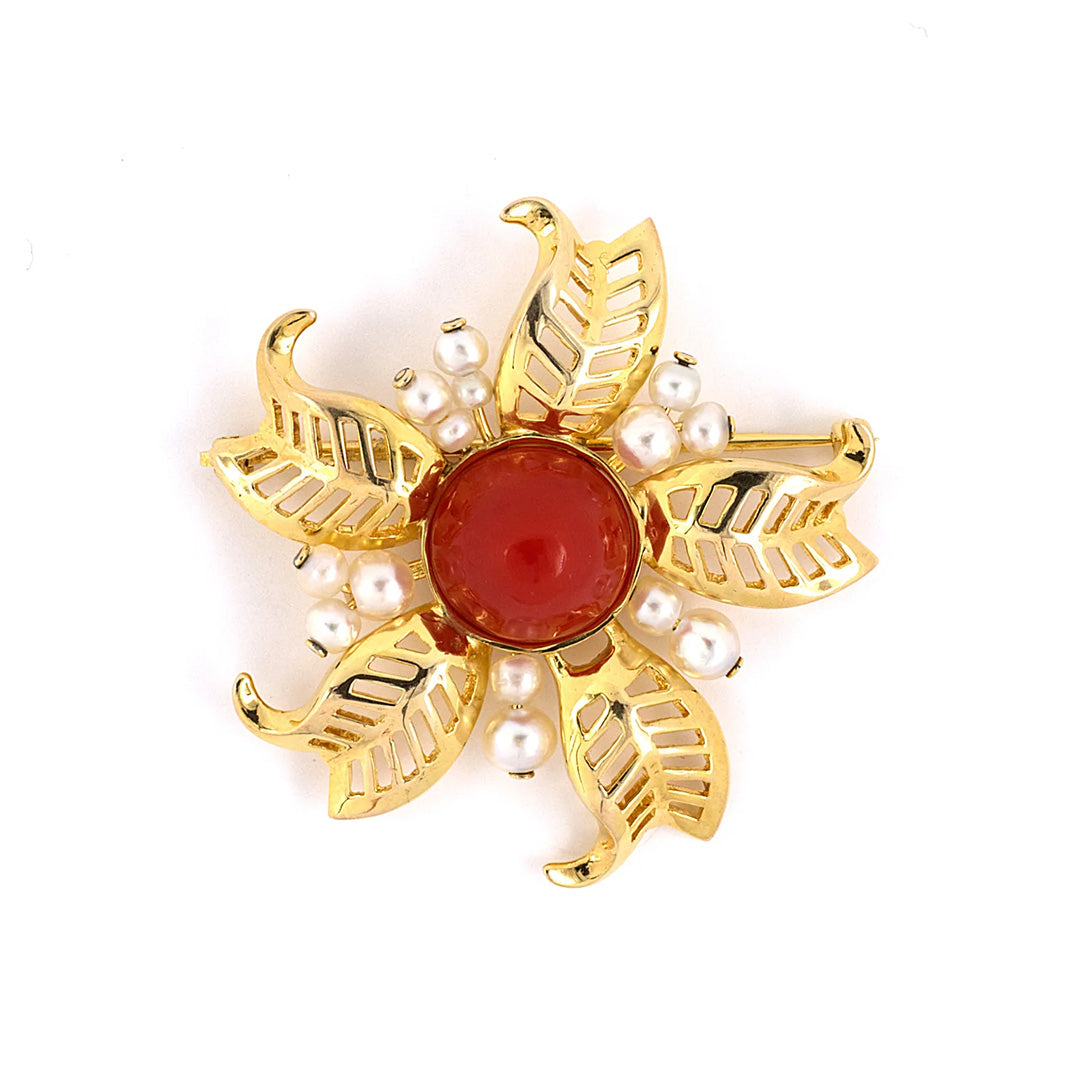 Estate Coral & Pearl Openwork Floral Brooch