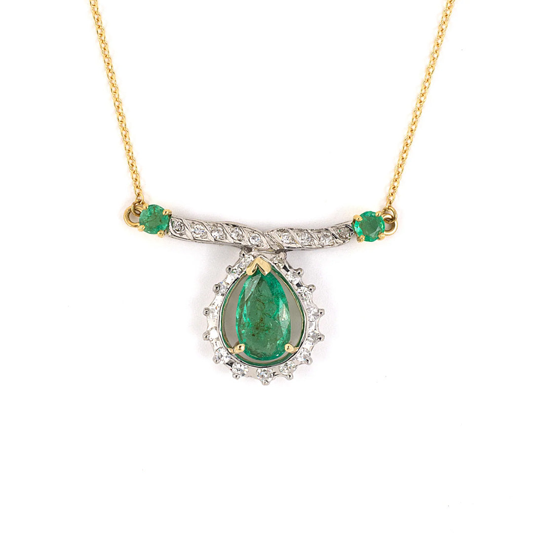 Estate Emerald Pear-Shape & Diamond Cluster Pendant Necklace