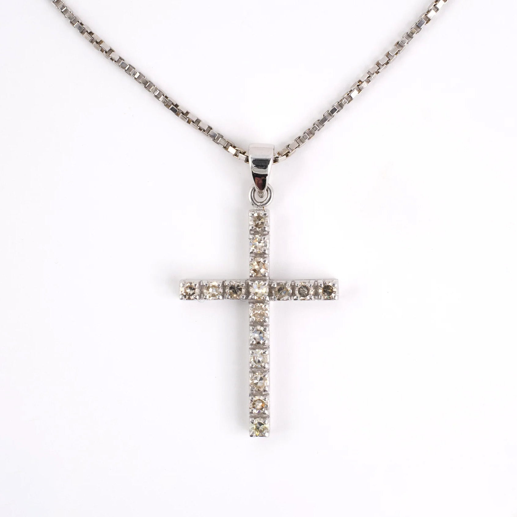 Estate Diamond & White Gold Cross Pendant Necklace