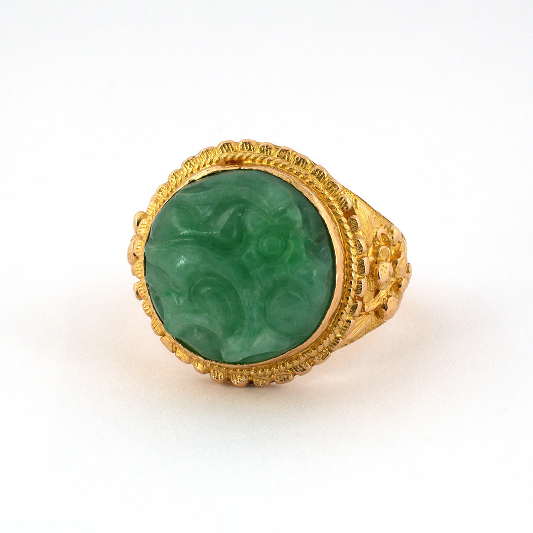 Estate Green Jadeite Carved Floral Ring