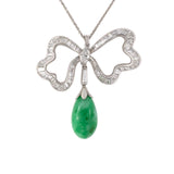 Diamond Ribbon Bow & Green Jadeite Pendant Necklace
