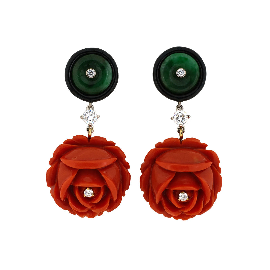 Estate Coral Flower, Green Jadeite & Diamond Drop Earrings