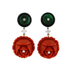 Estate Coral Flower, Green Jadeite & Diamond Drop Earrings