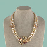 Retro Diamond & Ruby Bow & Akoya Pearl 2-Strand Necklace