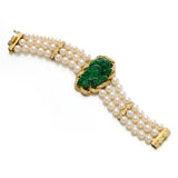 White Akoya Pearl, Green Jade & Diamond Three-Strand Bracelet