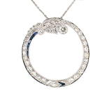 Art Deco Diamond & Sapphire Circle Wreath Pendant Necklace