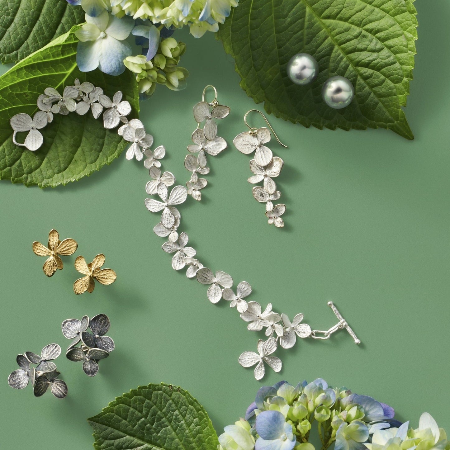 Silver Four-Part Hydrangea Drop Earrings