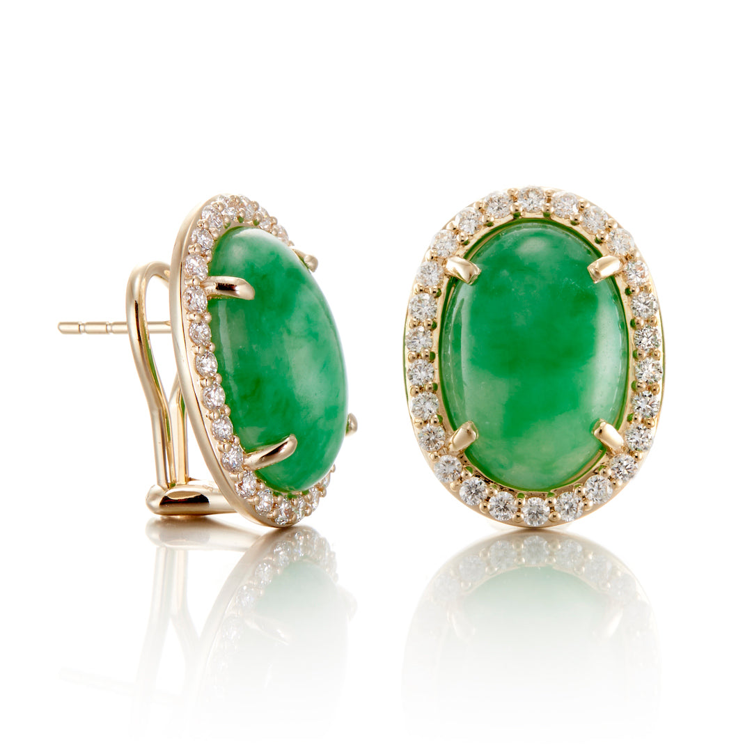 Green Jade Cabochon & Diamond Earrings