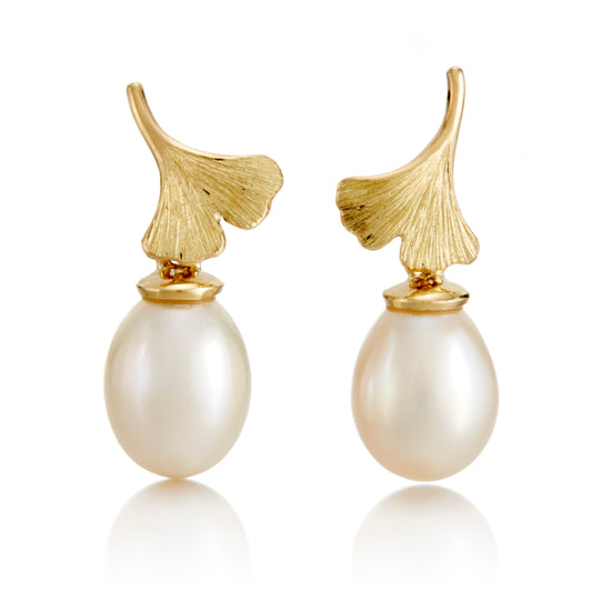 Gudrun Langner x Gump's Ginkgo Leaf & White Pearl Drop Earrings